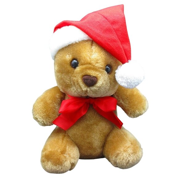 Vintage Sasco Christmas Teddy Bear Plush Stuffed Animal With Santa Hat & Red Bow - Picture 1 of 14